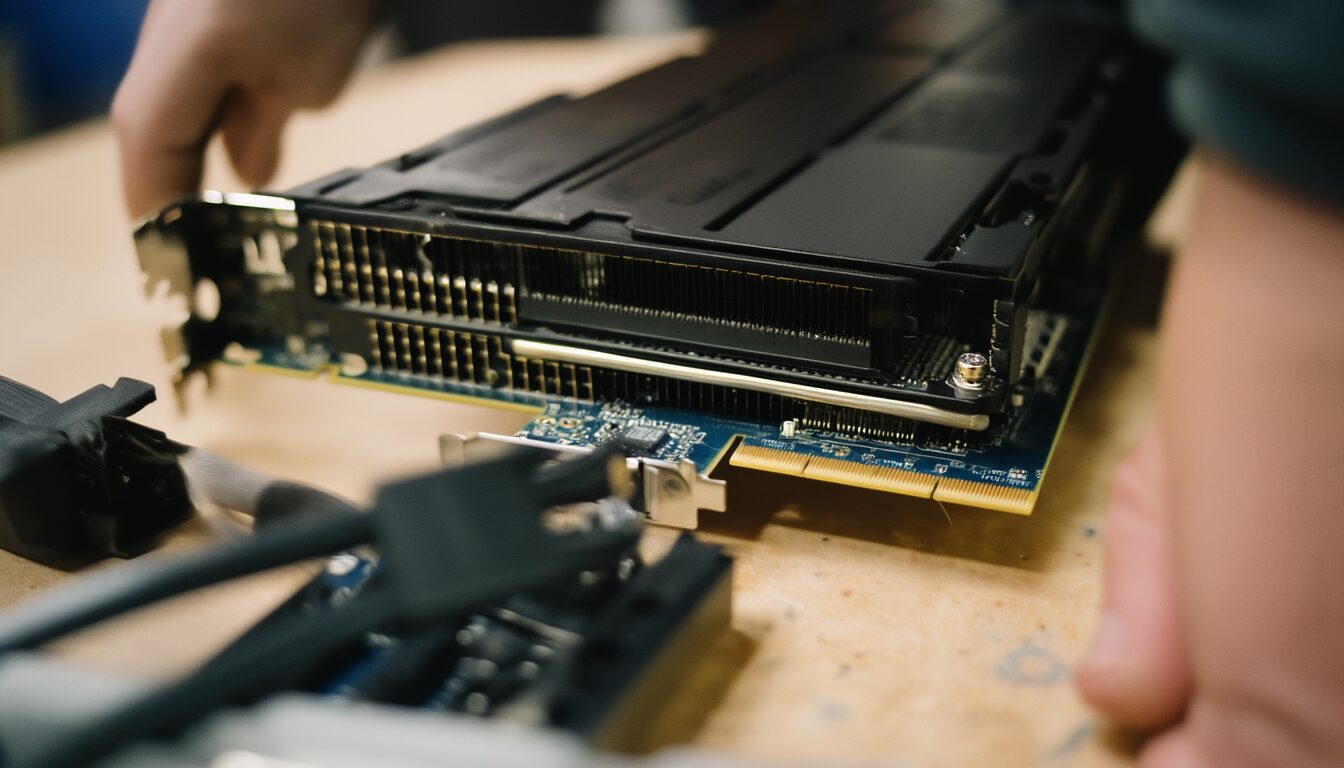 Hände setzen eine Grafikkarte in den obersten PCIe-x16-Slot eines geöffneten PCs ein