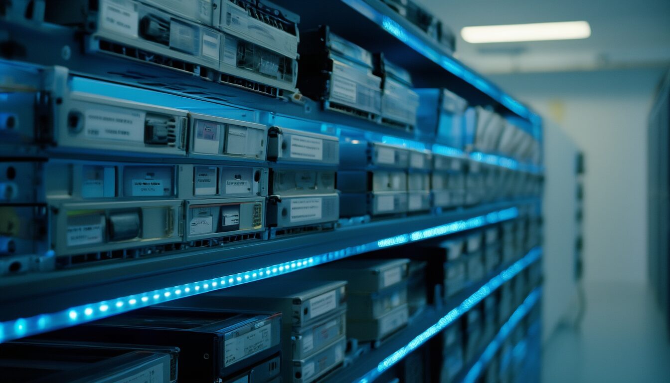 Reihen beschrifteter Backup-Bänder und externer Festplatten in einem Serverregal