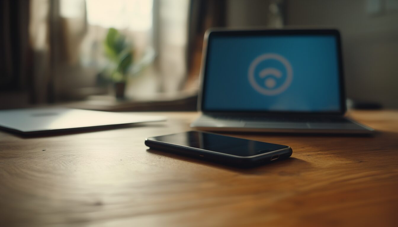 Smartphone auf einem Schreibtisch dient als mobiler WLAN-Hotspot für einen daneben genutzten Laptop