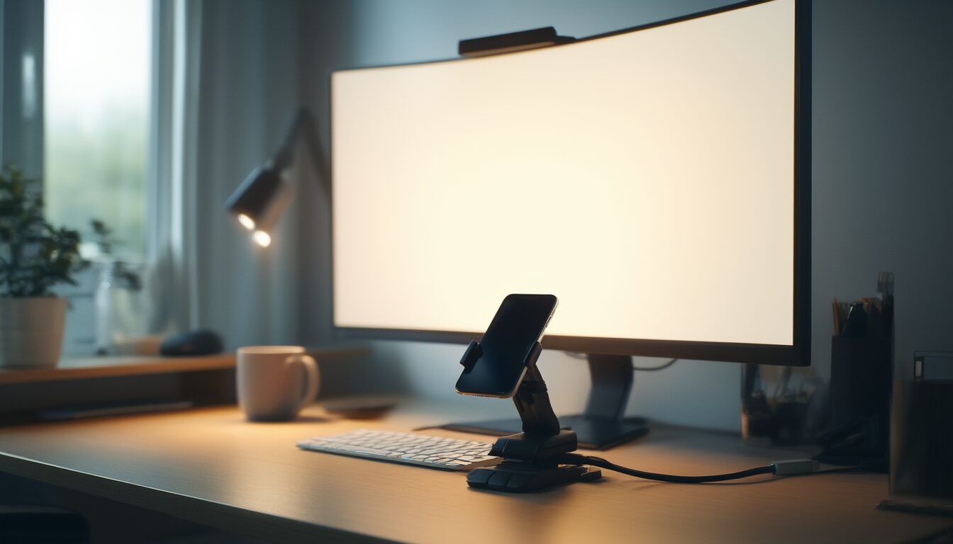 Smartphone in einer Klemmhalterung auf einem Monitor, per USB-Kabel mit dem PC verbunden und als Webcam im Einsatz