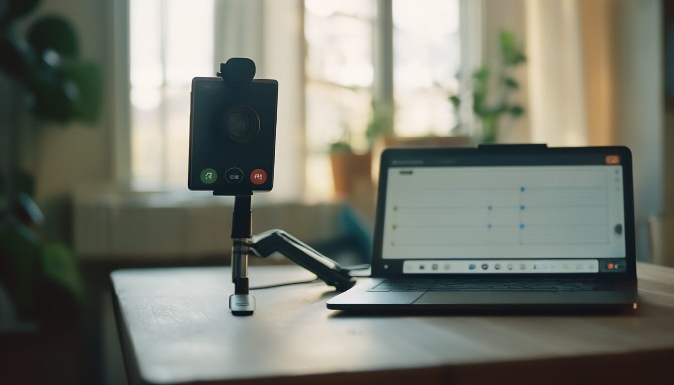 Smartphone in einer Halterung am Laptop-Bildschirm wird während einer Videokonferenz als Webcam genutzt