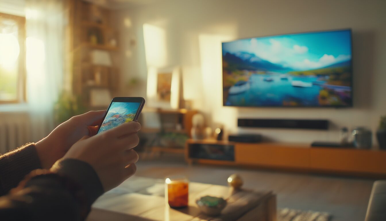 Person hält ein Smartphone vor einem Wohnzimmer-Fernseher, auf den der Handy-Bildschirm übertragen wird