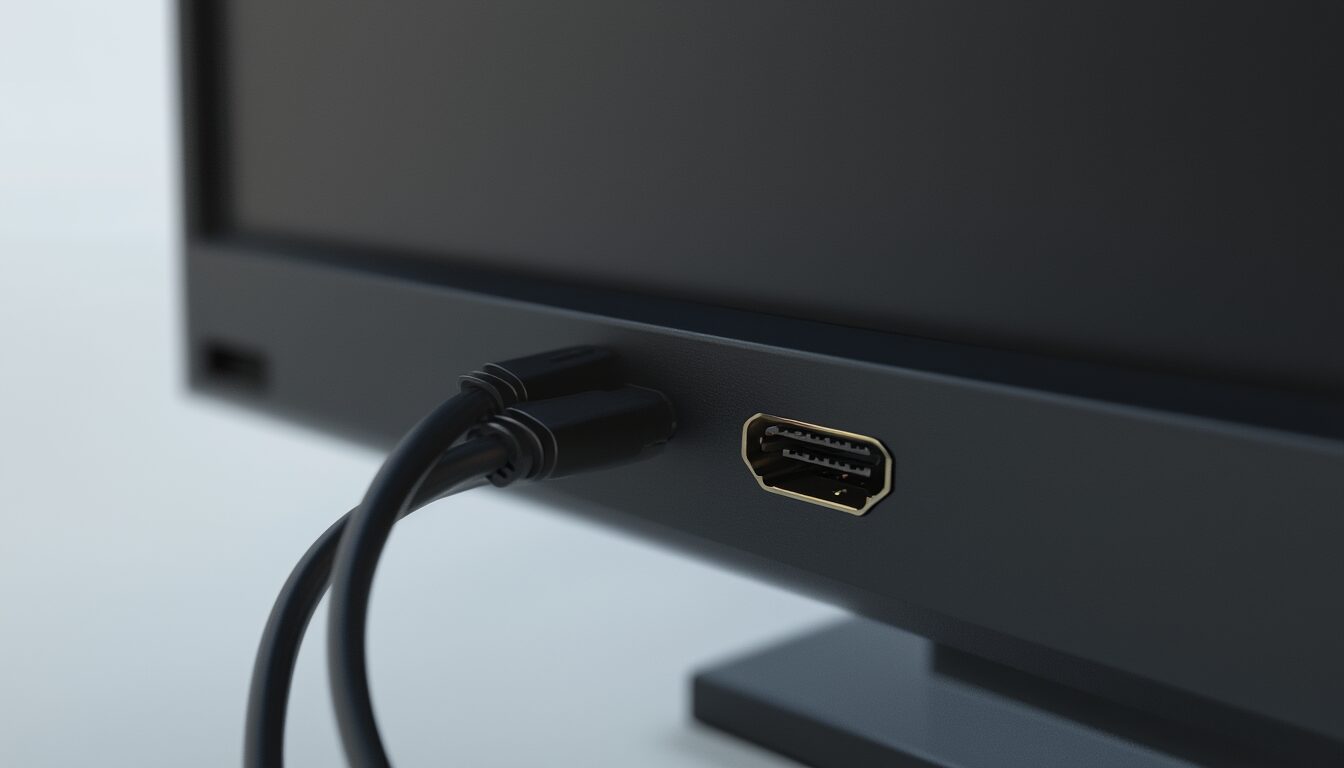 Rückseite eines Monitors mit eingestecktem HDMI- und DisplayPort-Kabel im Vergleich