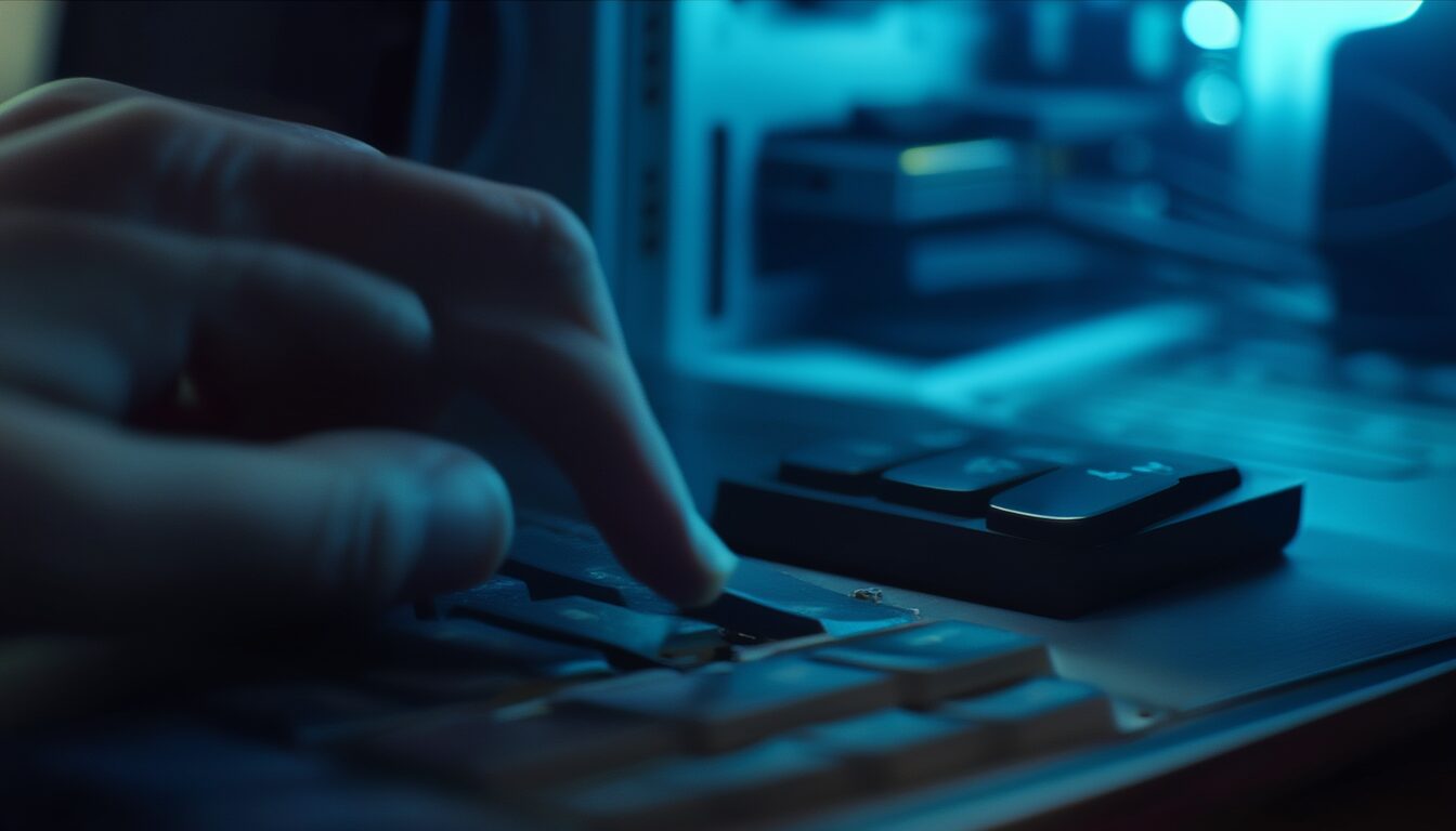 Finger drückt die F2-Taste auf einer Laptop-Tastatur beim Systemstart, um ins BIOS/UEFI zu gelangen