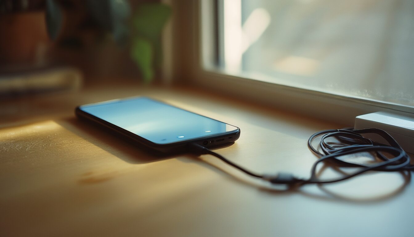 Modernes Smartphone mit Ladekabel auf einem Holztisch, Bildschirm leuchtet gedämpft – Symbolbild für die Prüfung des iPhone-Akkuzustands