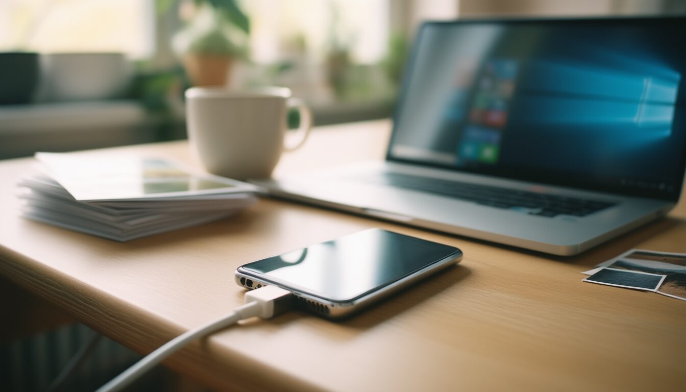 iPhone per weißem USB-Kabel mit einem Windows-Laptop auf einem Holzschreibtisch verbunden, um Fotos zu übertragen
