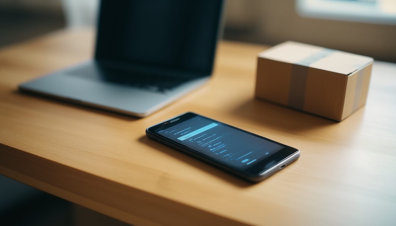 Hände halten ein Smartphone mit geöffnetem Einstellungsmenü neben Laptop und Versandkarton auf einem Schreibtisch