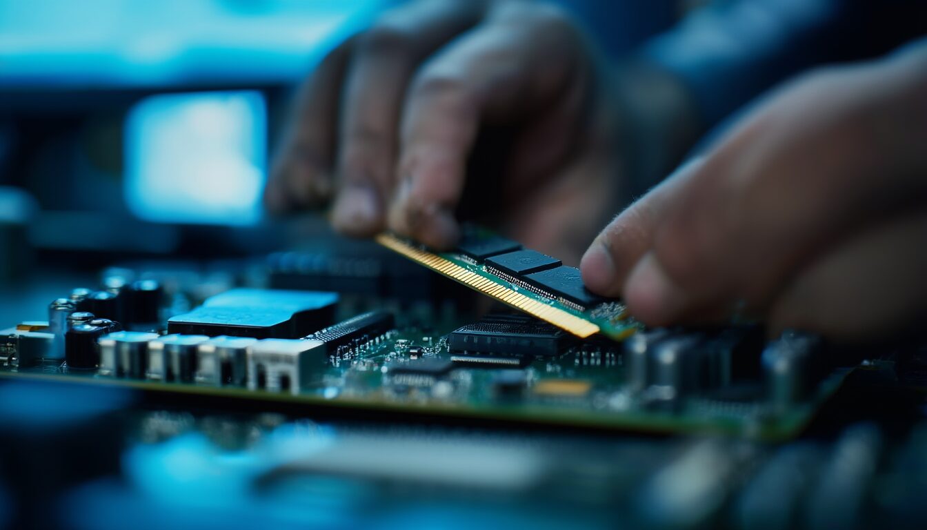 IRQL_NOT_LESS_OR_EQUAL beheben: Ursachen der Reihe nach 6 Techniker steckt ein RAM-Modul in ein Mainboard, im Hintergrund blau leuchtender Monitor