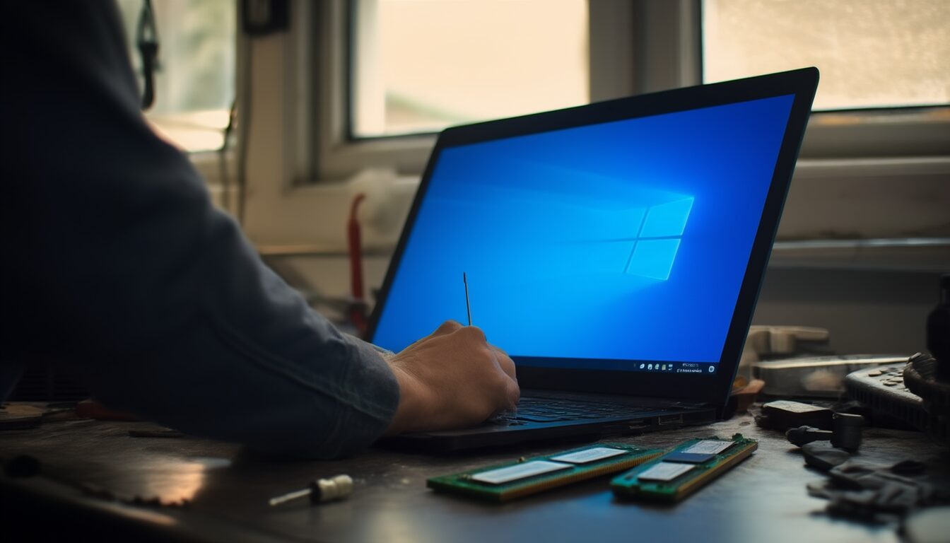 Techniker prüft einen geöffneten Laptop mit blau leuchtendem Bildschirm, daneben ein RAM-Riegel und ein Schraubendreher