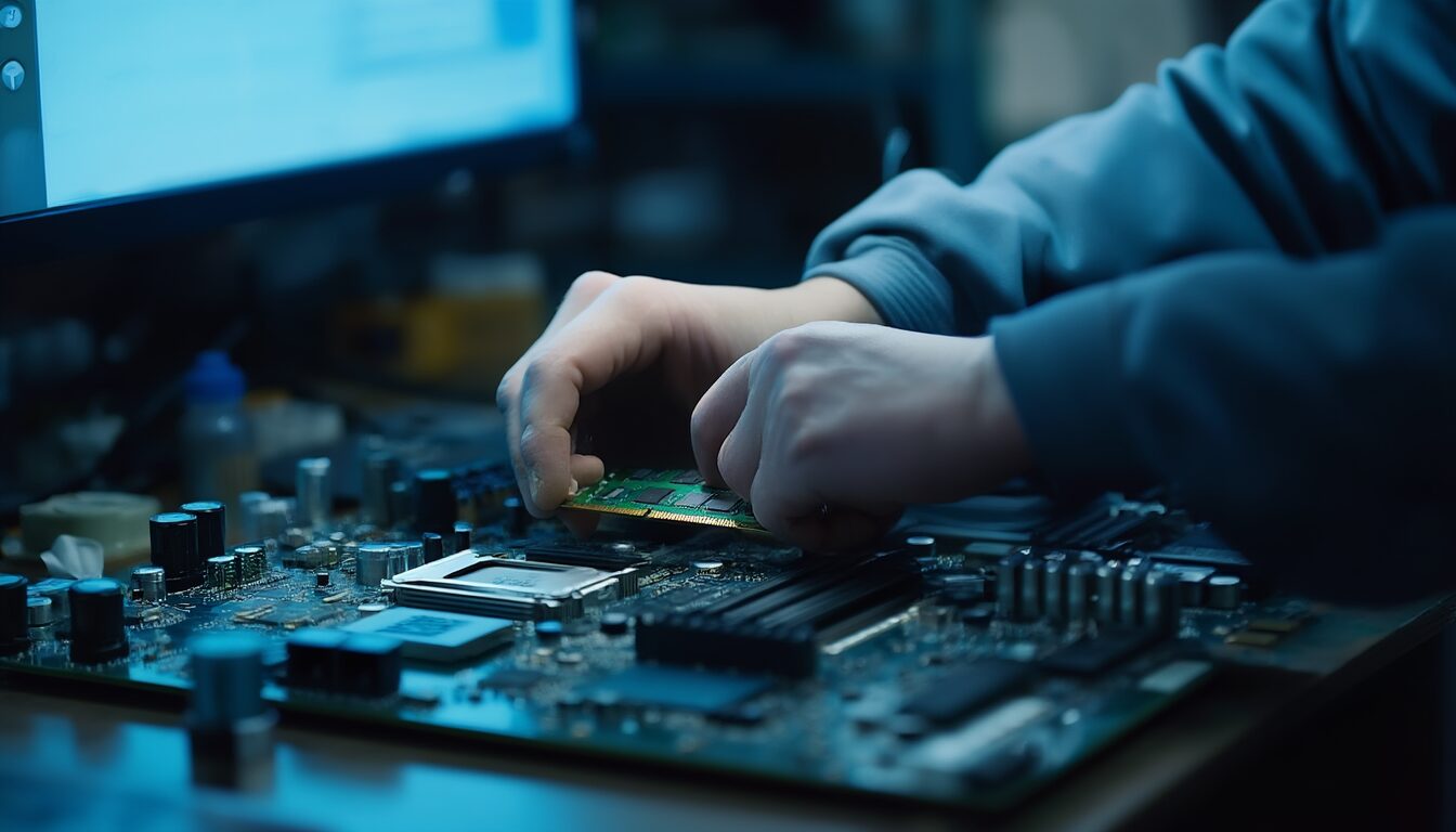 Techniker steckt ein Arbeitsspeicher-Modul in ein PC-Mainboard, im Hintergrund blau leuchtender Monitor – Diagnose eines Bluescreen-Fehlers