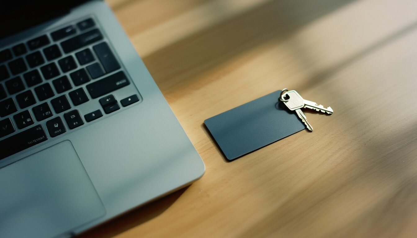 Schlüsselkarte und einzelner Schlüssel auf einem Schreibtisch neben Laptop als Sinnbild für eingeschränkte Zugriffsrechte