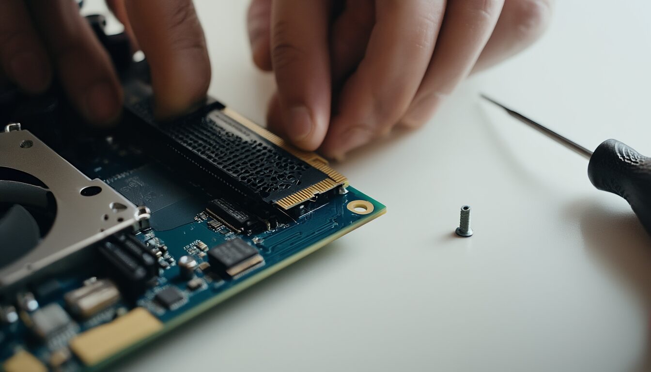Hände setzen eine M.2-NVMe-SSD schräg in den M.2-Steckplatz eines Mainboards ein