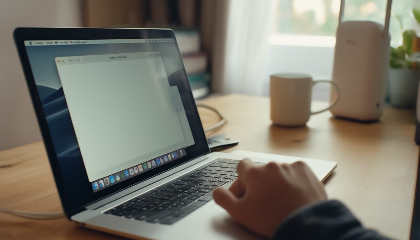 MacBook auf einem Schreibtisch wacht aus dem Ruhezustand auf, im Hintergrund unscharf ein WLAN-Router