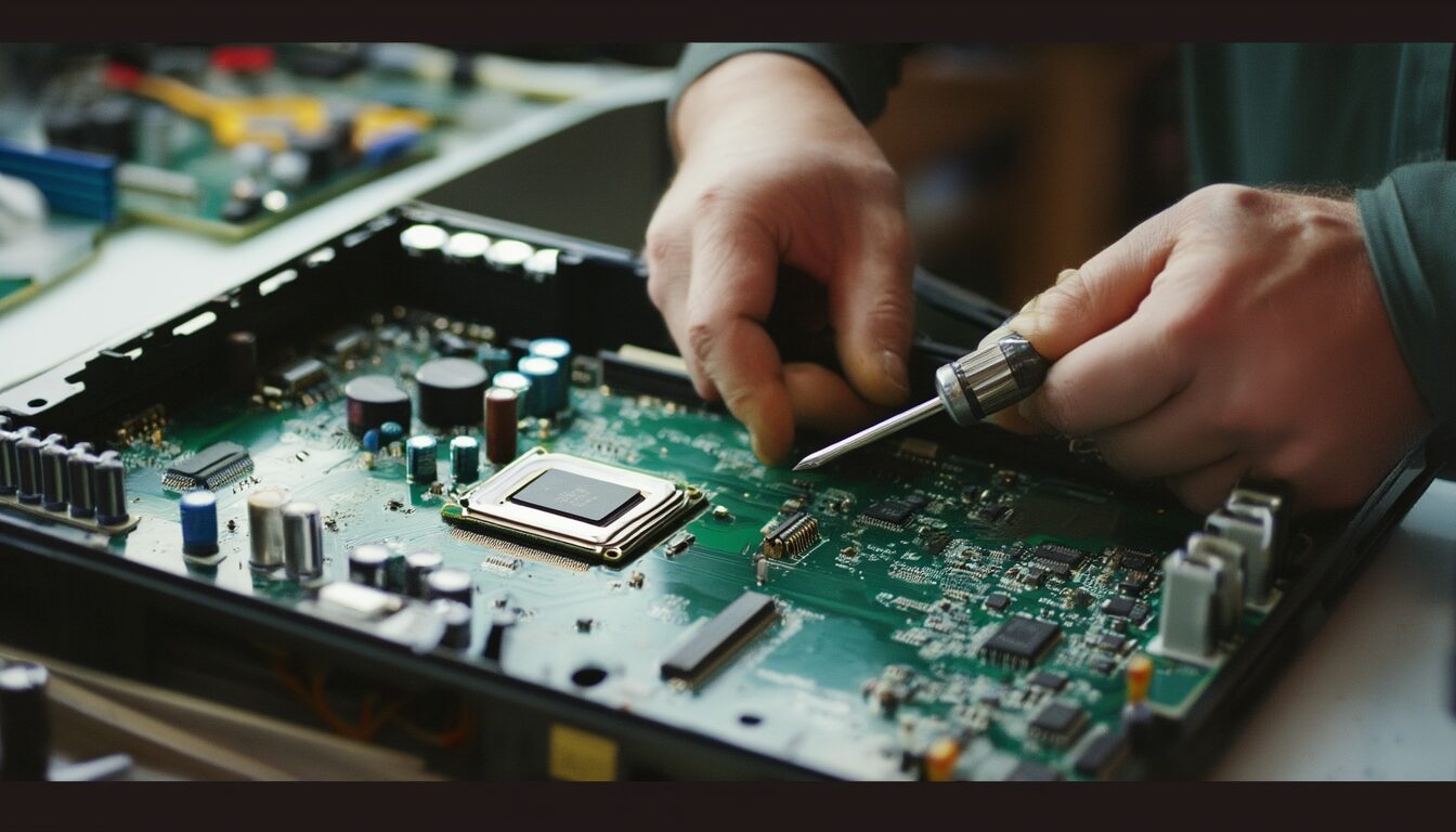 Techniker untersucht ein ausgebautes Mainboard mit Schraubendreher auf der Werkbank, Fokus auf CPU-Sockel und Kondensatoren