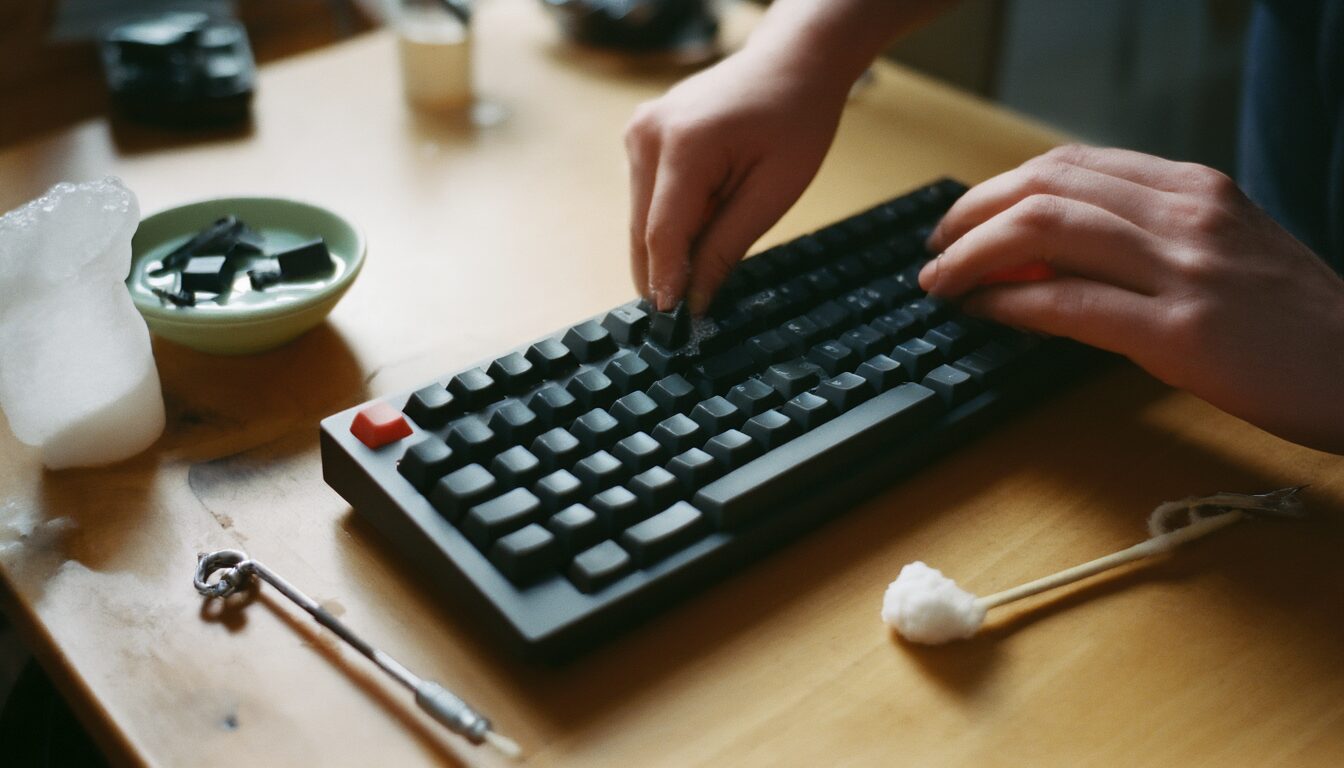 Mechanische Tastatur wird mit Pinsel und Wattestäbchen gereinigt, abgezogene Keycaps weichen daneben in Seifenwasser ein