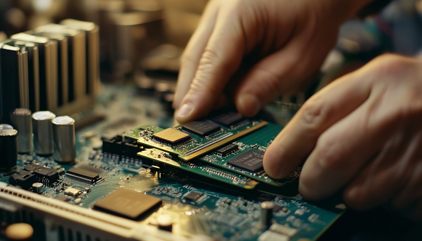 Hände stecken zwei RAM-Riegel in die Speicherslots eines geöffneten Desktop-PCs auf einer Werkbank