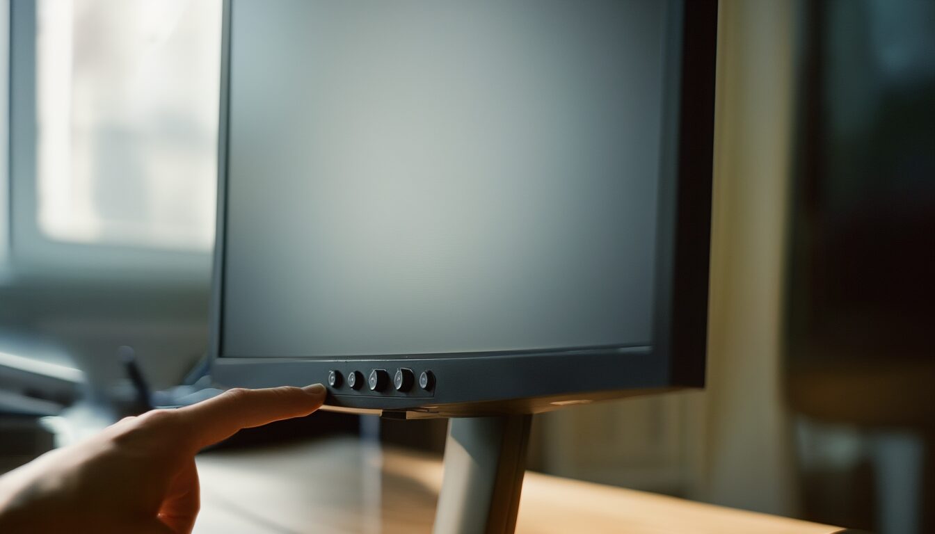 Hand stellt am Monitor über die Gerätetasten die Bildschirmfarbe ein, auf dem Display ein Graustufen-Testbild zur Kalibrierung