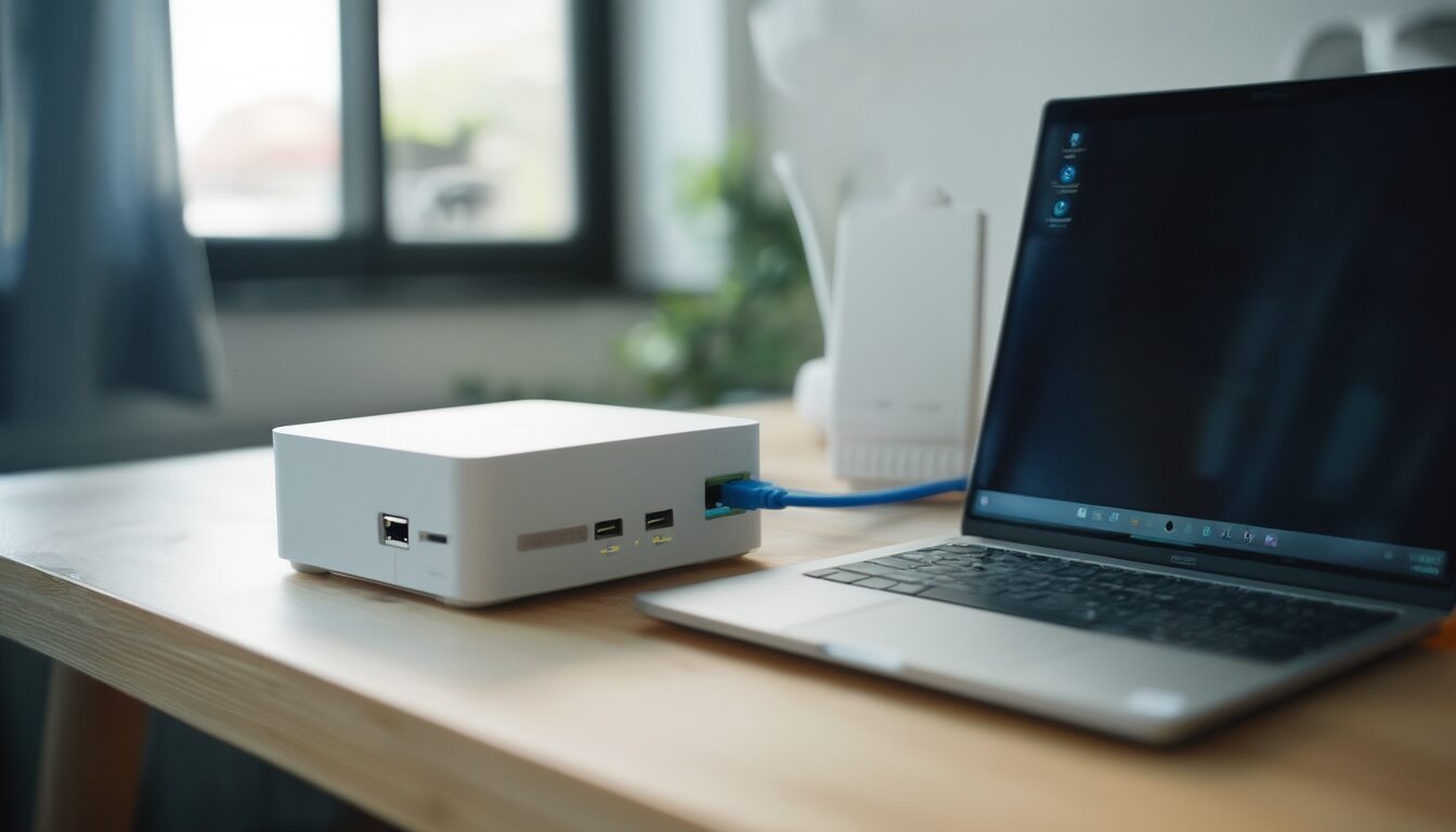Laptop und NAS-Netzwerkspeicher per Netzwerkkabel auf einem Schreibtisch verbunden