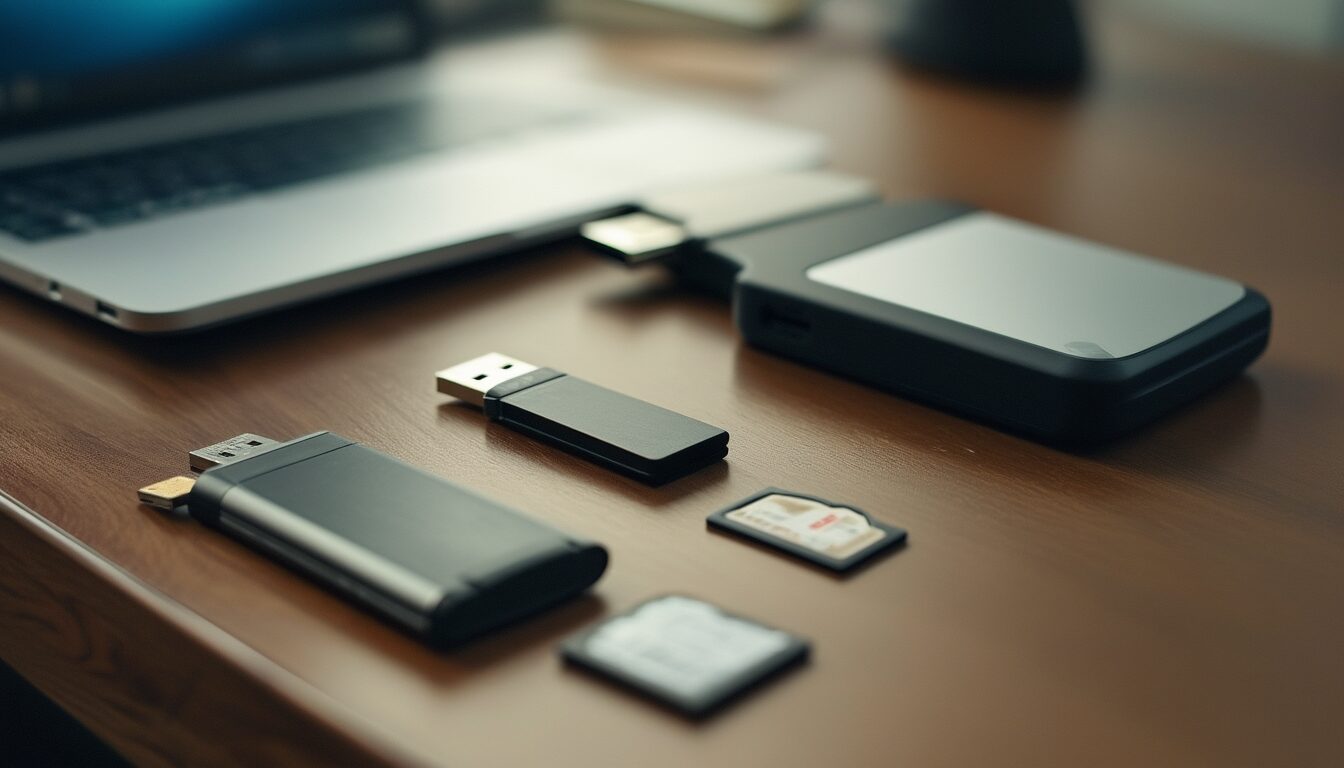 USB-Stick, SD-Karte und externe Festplatte neben einem Laptop als Symbol für die Dateisysteme NTFS, FAT32 und exFAT