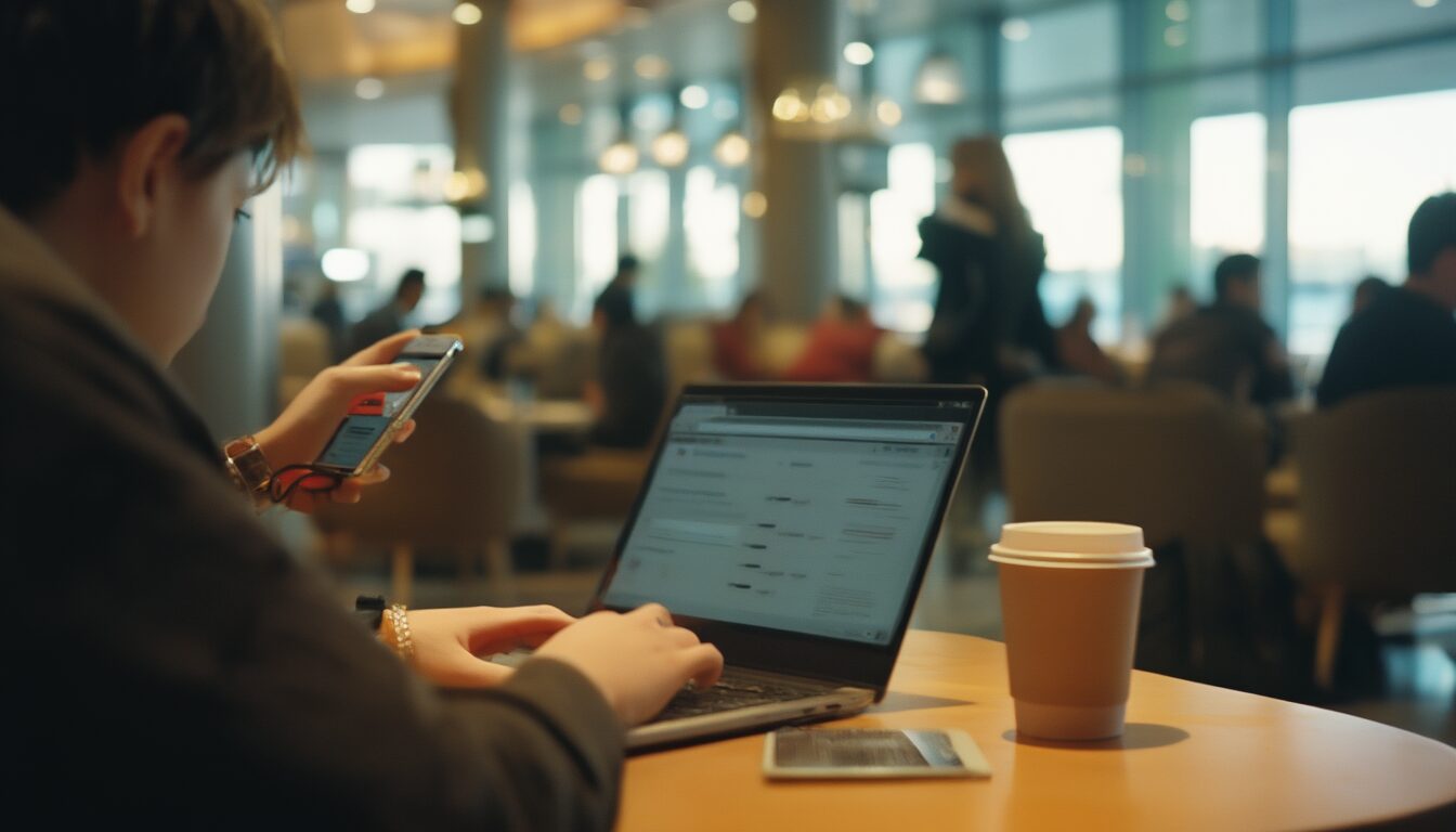 Reisender nutzt Laptop und Smartphone in einer Flughafen-Lounge und verbindet sich mit einem öffentlichen WLAN-Hotspot.