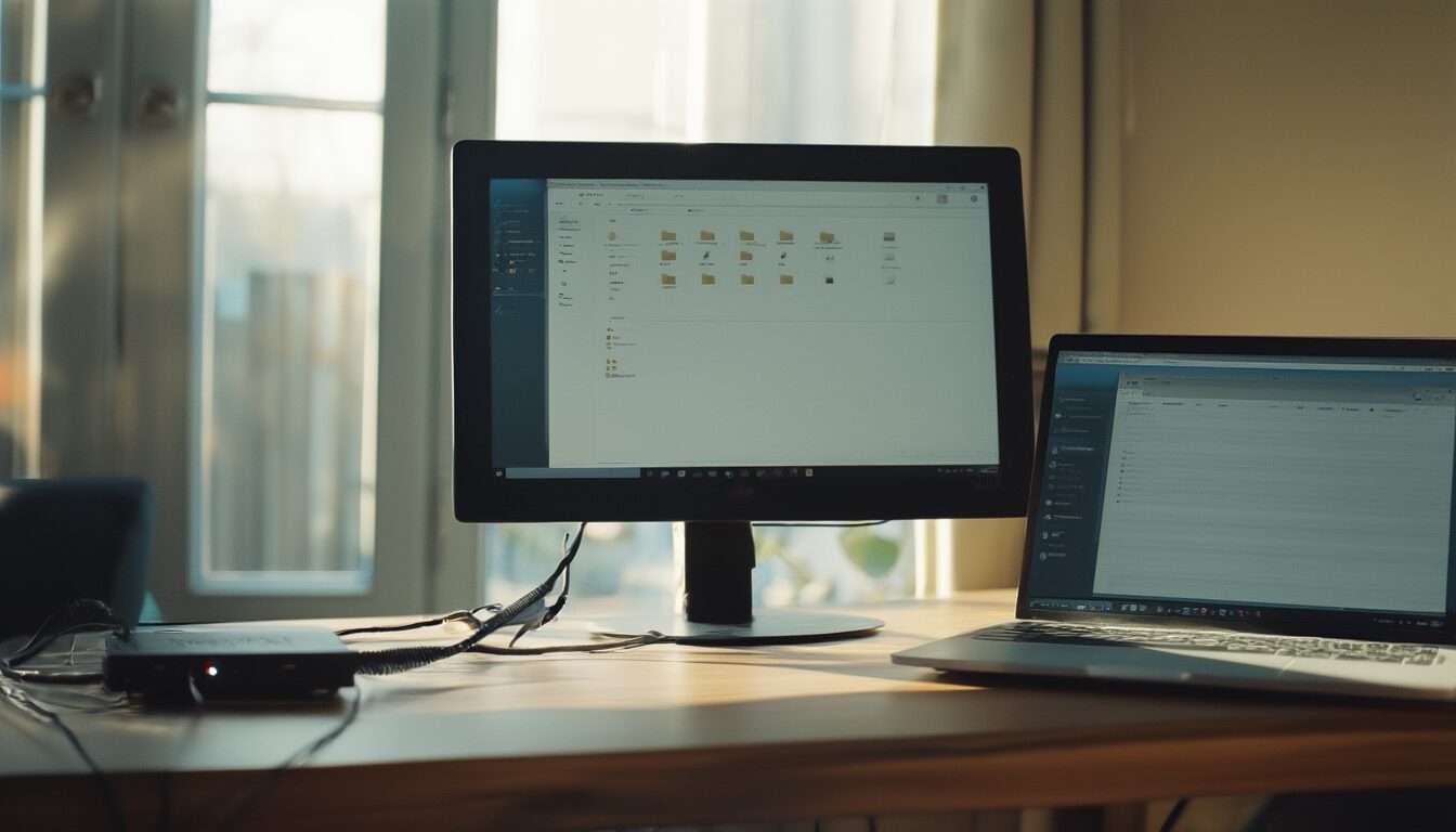 Zwei Windows-Rechner am Schreibtisch, über Netzwerkkabel und Switch verbunden, mit geöffneten Ordnern im Datei-Explorer
