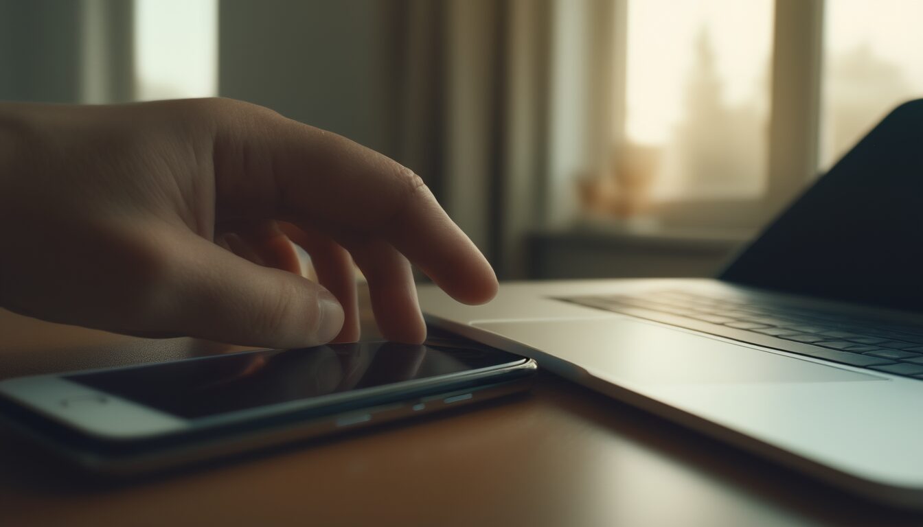 Person meldet sich per Fingerabdruck am Laptop an – passwortlose Anmeldung mit einem Passkey