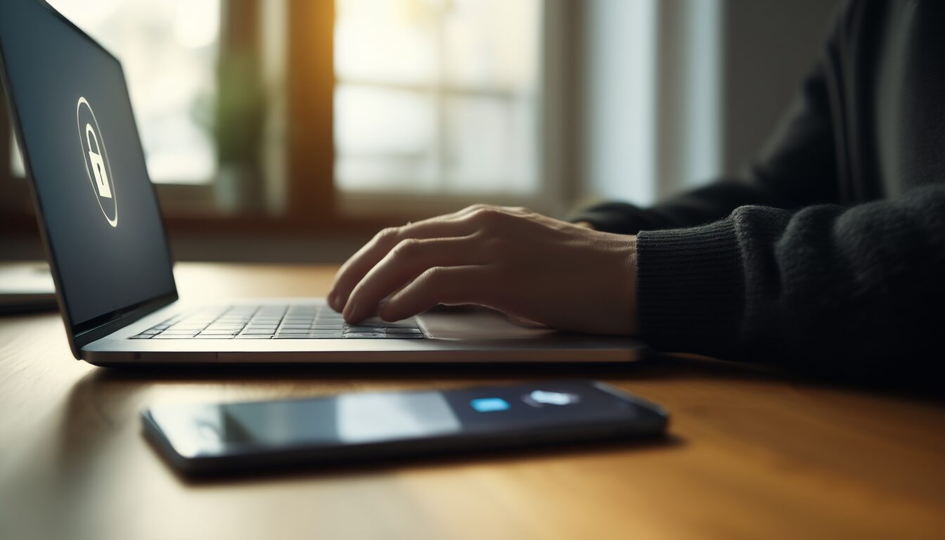 Hände tippen am Laptop ein Passwort ein, daneben ein Smartphone mit Schloss-Symbol als Sinnbild für einen Passwort-Manager