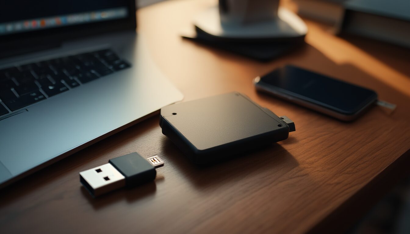 Externe SSD und USB-Stick als Backup-Medien neben einer Laptop-Tastatur auf einem Schreibtisch
