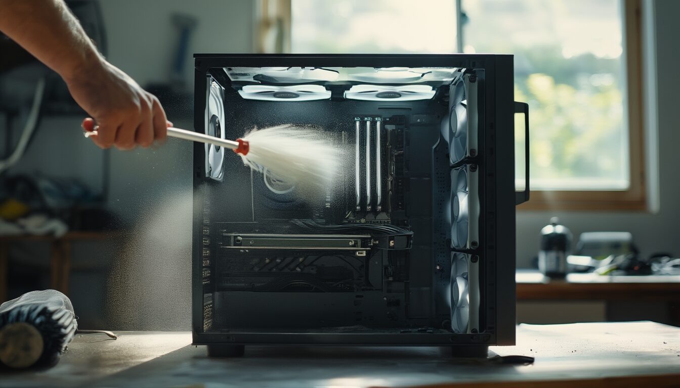 Offenes PC-Gehäuse auf der Werkbank, eine Hand bläst mit einer Druckluftdose Staub vom CPU-Kühler und den Lüftern