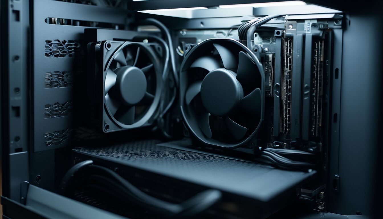 Blick in ein offenes PC-Gehäuse mit Gehäuselüftern und CPU-Kühler zur Lüftersteuerung