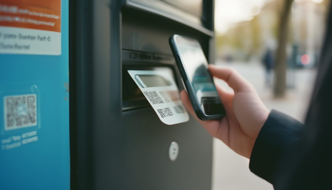 Smartphone scannt einen aufgeklebten QR-Code an einem Parkautomaten – eine typische Quishing-Falle.