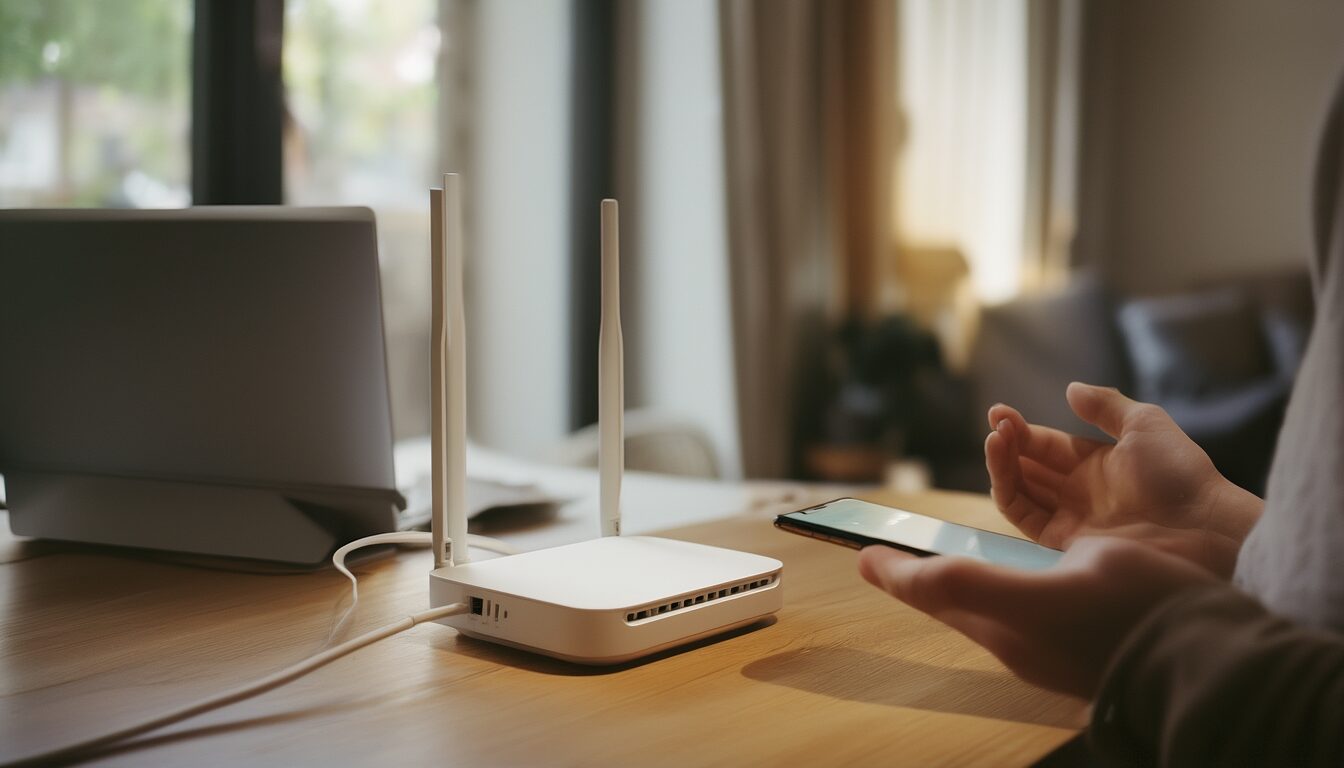 WLAN-Router auf einem Schreibtisch, davor ein Smartphone und ein Notebook — Router-IP-Adresse herausfinden und ins Router-Menü einloggen