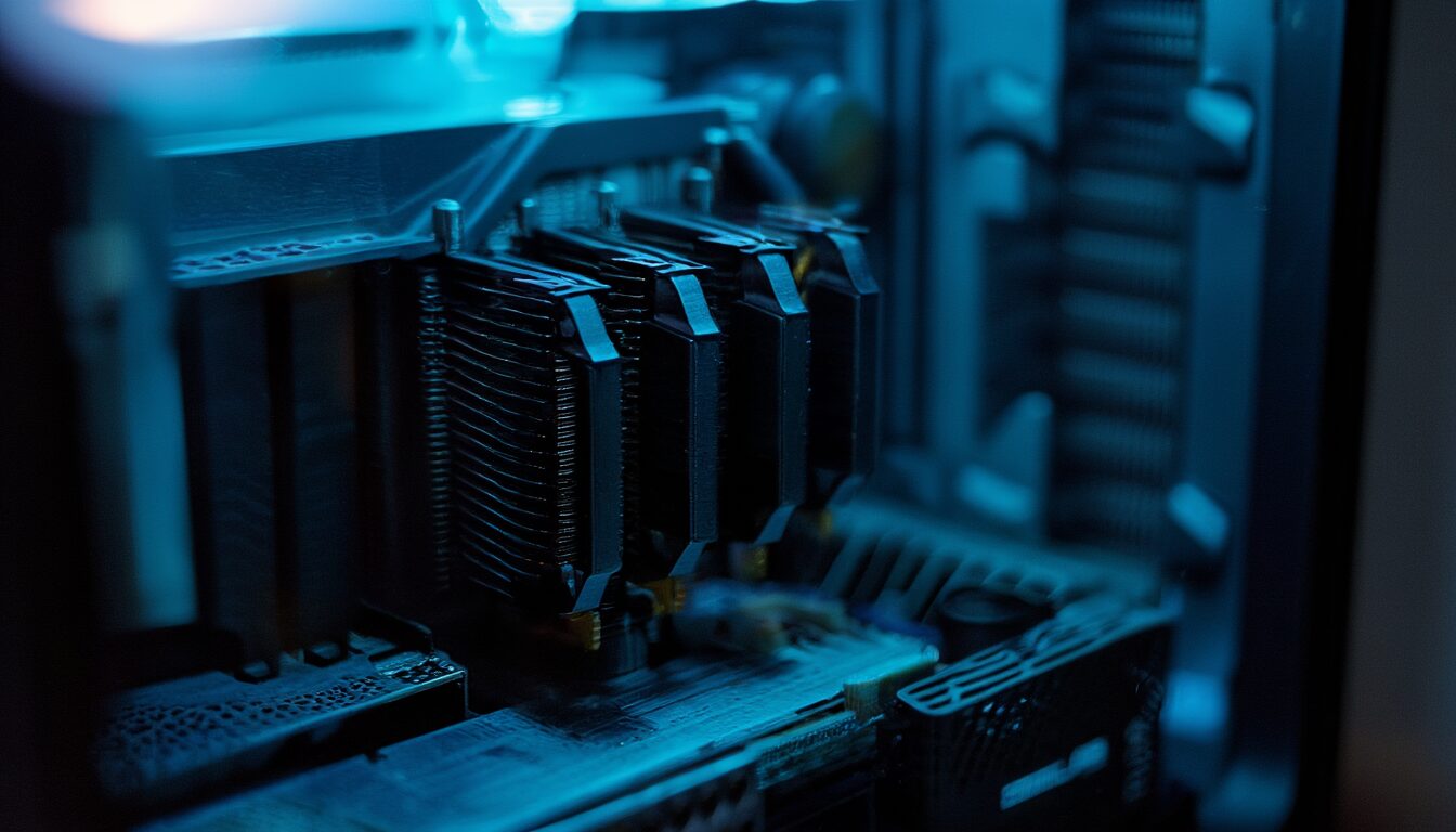 Nahaufnahme der Spannungswandler und Spulen auf einer Grafikkarte im PC-Gehäuse