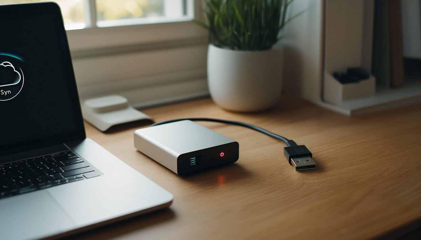 Laptop mit Cloud-Symbol neben einer externen Festplatte auf einem Schreibtisch als Sinnbild fuer Synchronisation und Backup