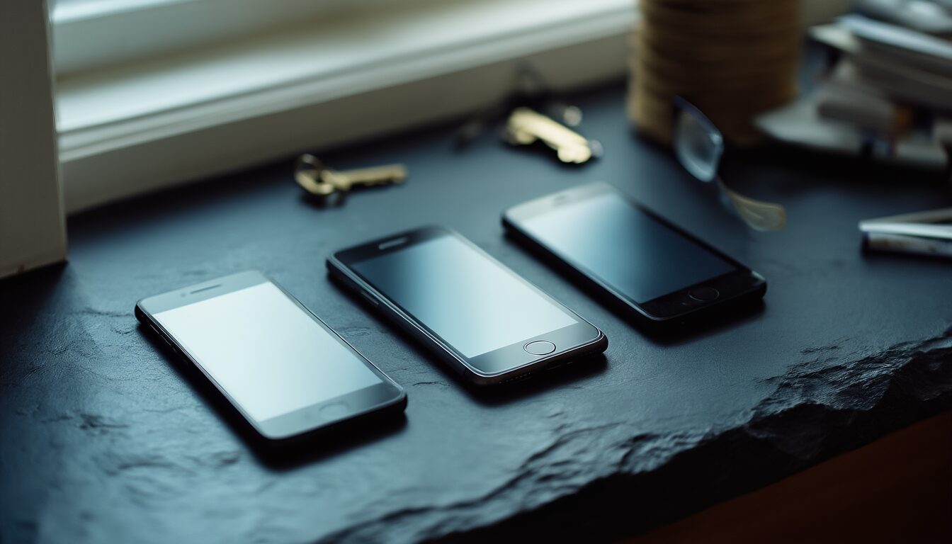 Threema Sicherheit, Signal und WhatsApp im Datenschutz-Vergleich 1 Drei Smartphones nebeneinander auf einem dunklen Schreibtisch als Sinnbild für den Vergleich sicherer Messenger