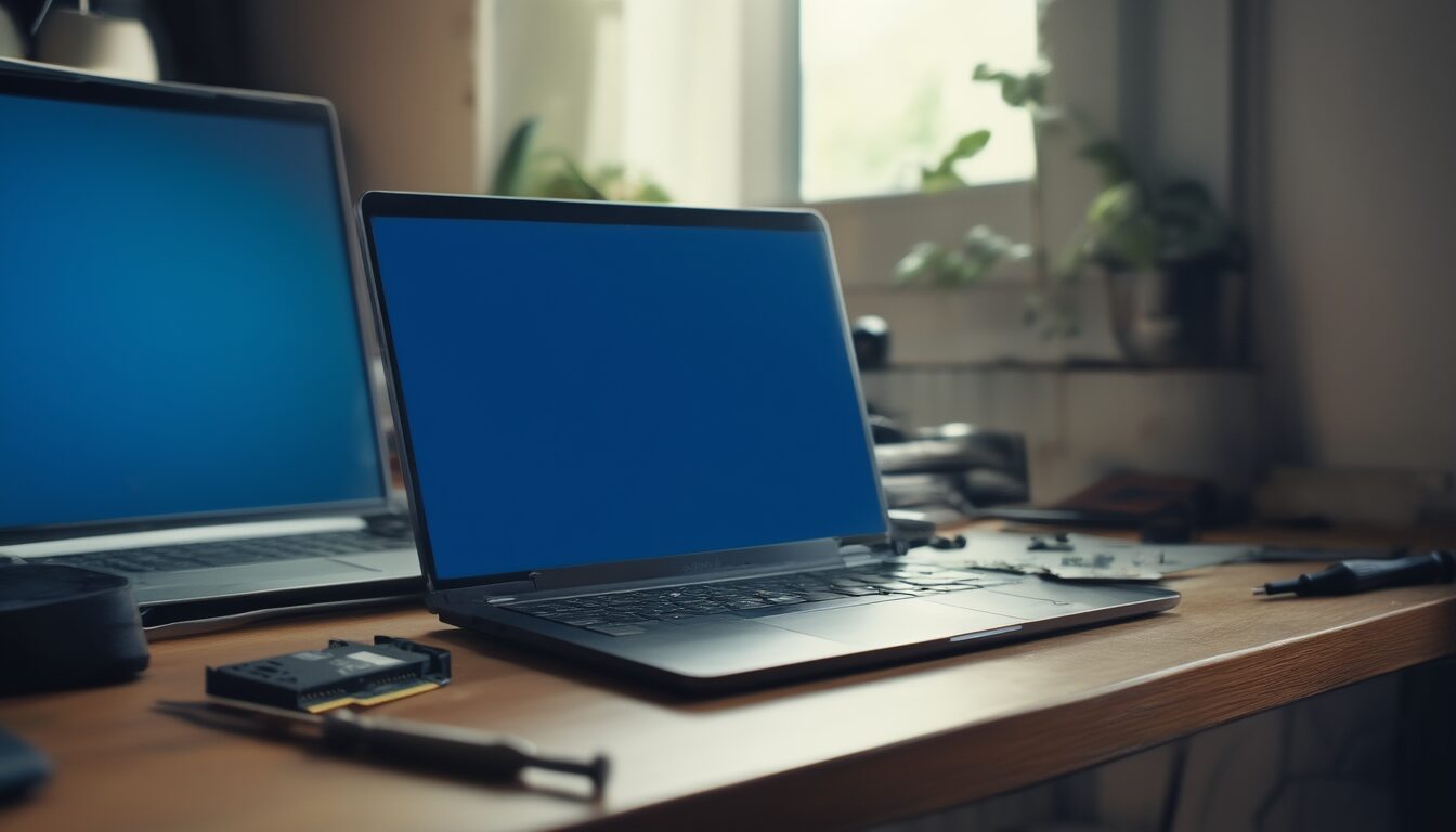Aufgeklappter Laptop mit blauem Fehlerbildschirm neben einer M.2-SSD und einem Schraubendreher auf einem Schreibtisch