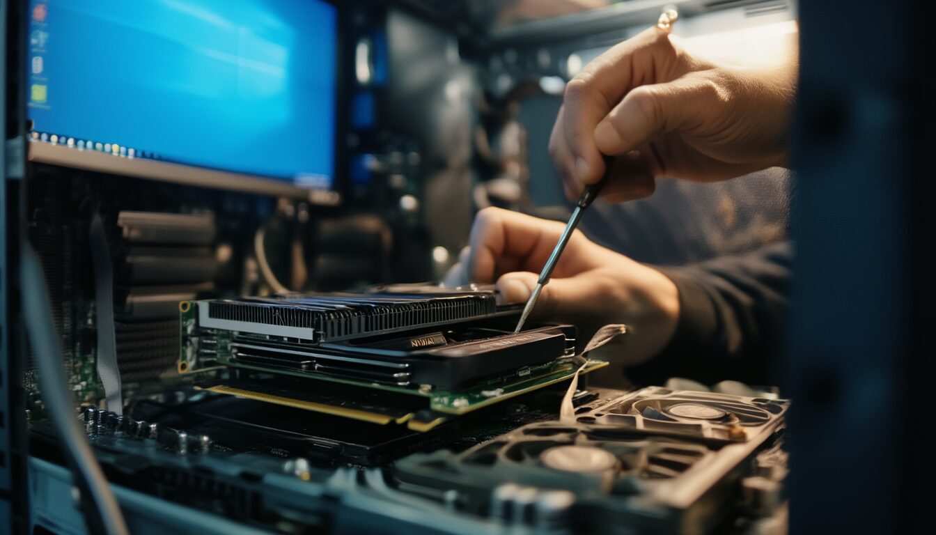 Geöffnetes PC-Gehäuse mit NVIDIA-Grafikkarte, Hände setzen die Karte im PCIe-Steckplatz neu ein, im Hintergrund ein Monitor mit Bluescreen