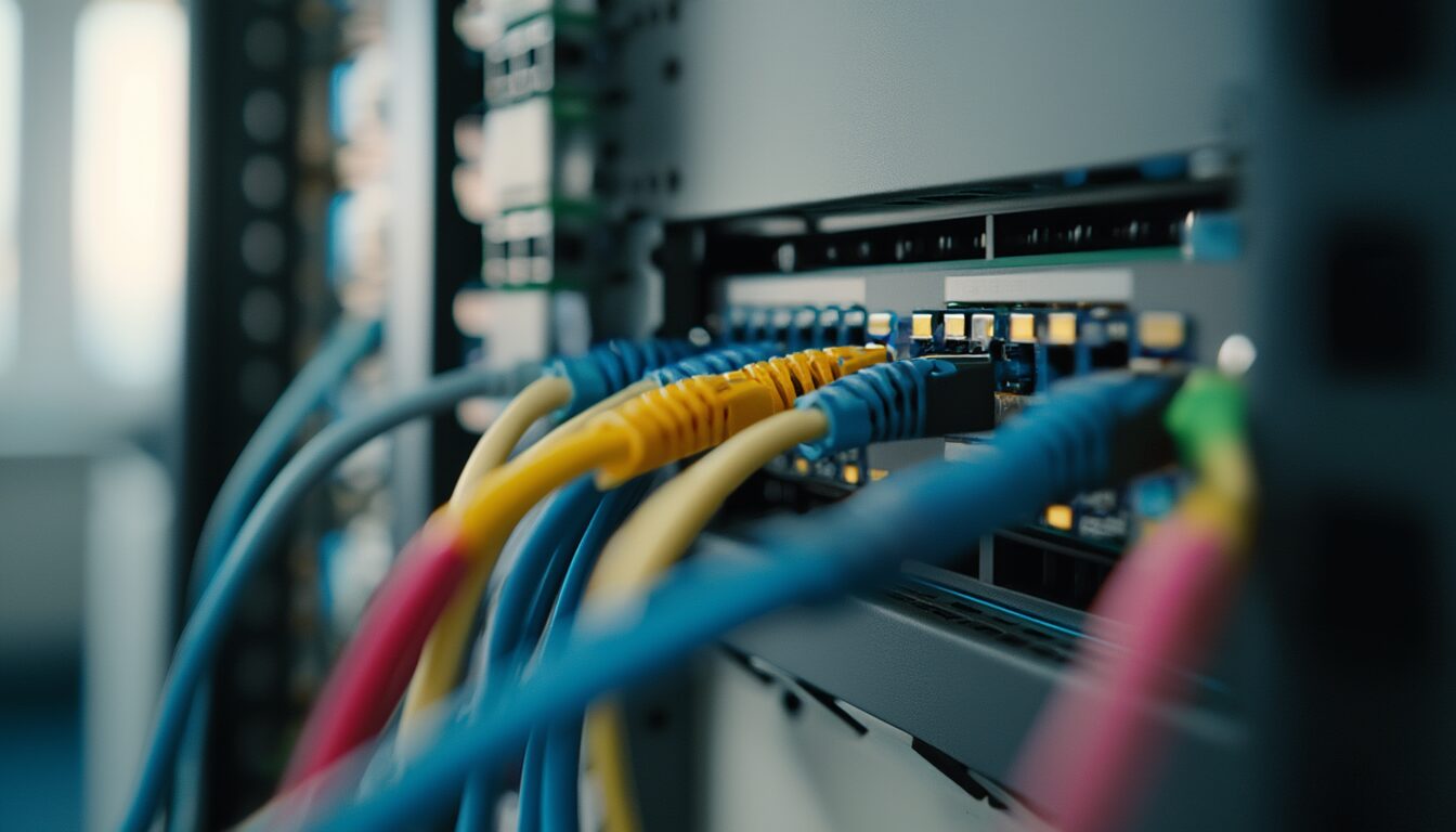 Managed Switch mit farbig sortierten Netzwerkkabeln in einem kleinen Serverschrank