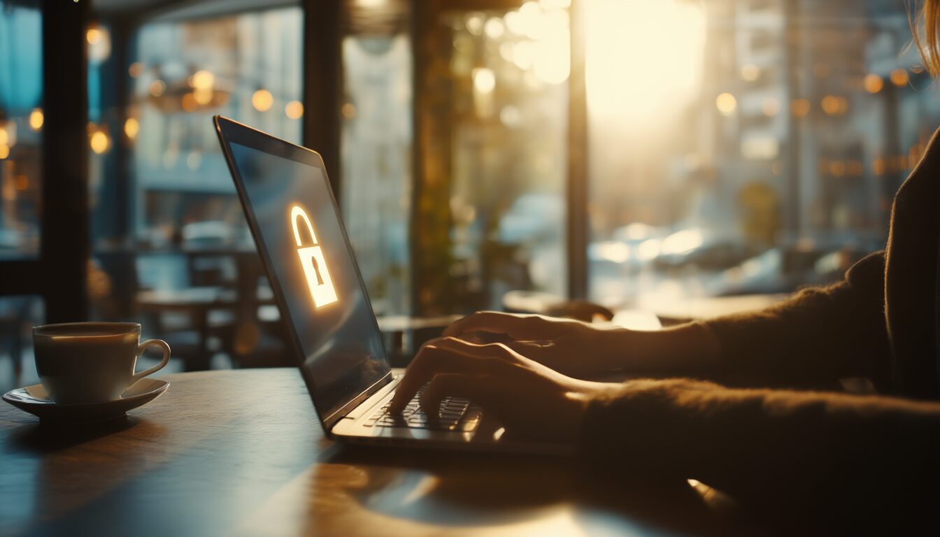 Person arbeitet am Laptop im Café über eine gesicherte VPN-Verbindung