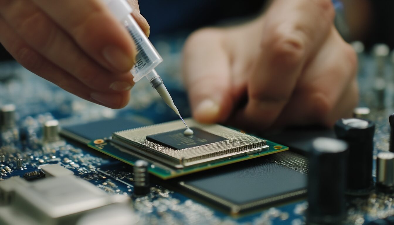 Erbsengroßer Tropfen Wärmeleitpaste wird mittig auf eine CPU aufgetragen