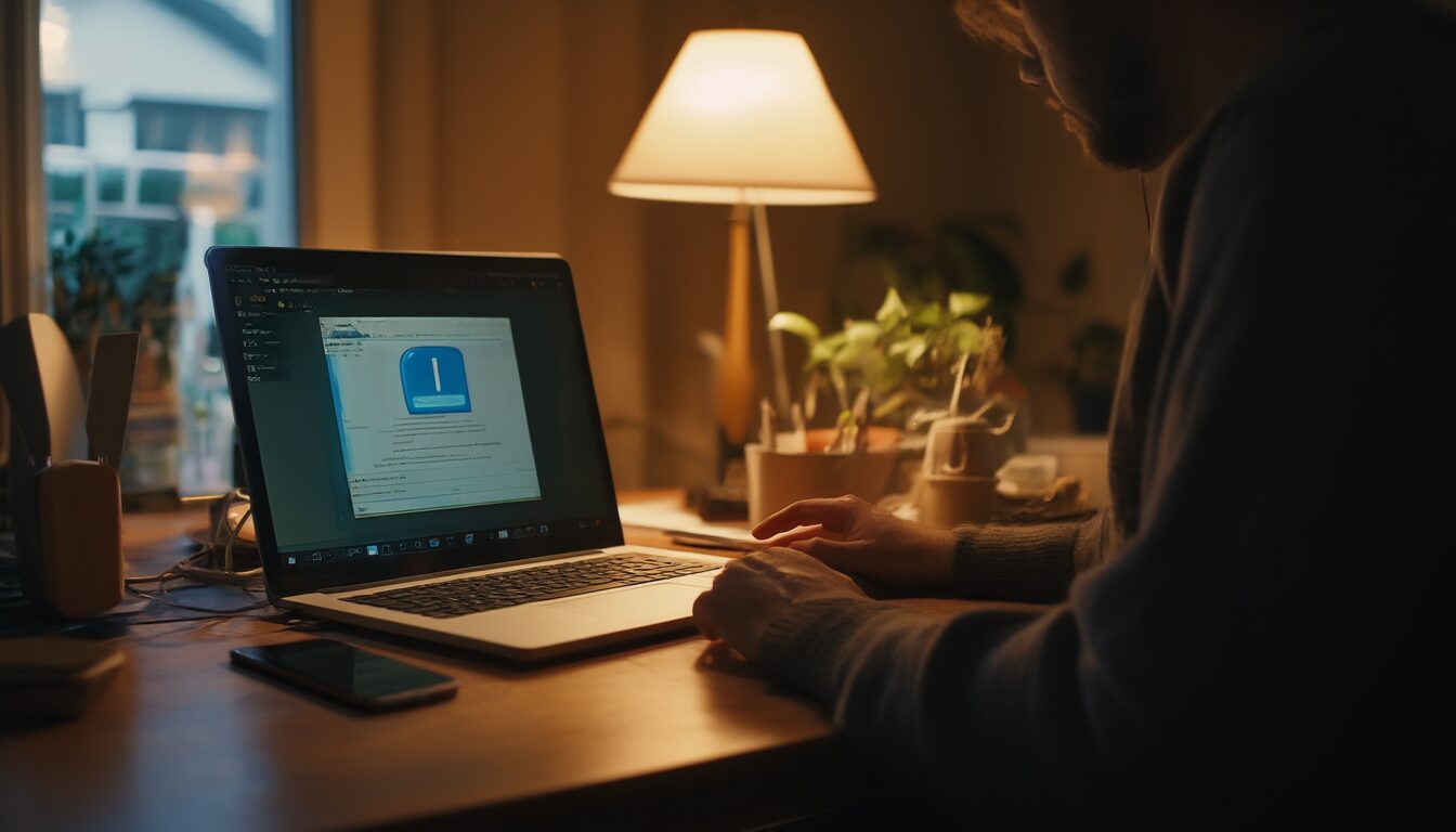 Person am Schreibtisch installiert abends ein Software-Update auf dem Laptop, Smartphone und Router liegen daneben