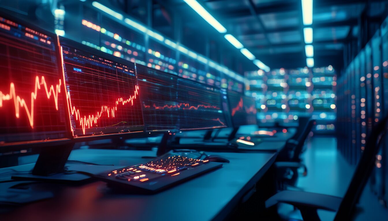 Netzwerk-Monitoring in einem Rechenzentrum zeigt einen plötzlichen Anstieg des Datenverkehrs während eines DDoS-Angriffs
