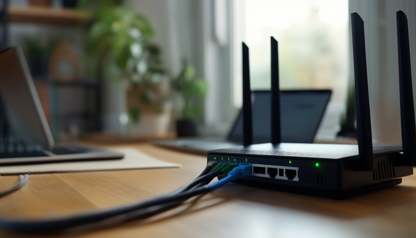 Heim-Router mit angeschlossenen Netzwerkkabeln auf einem Schreibtisch als Standardgateway ins Internet