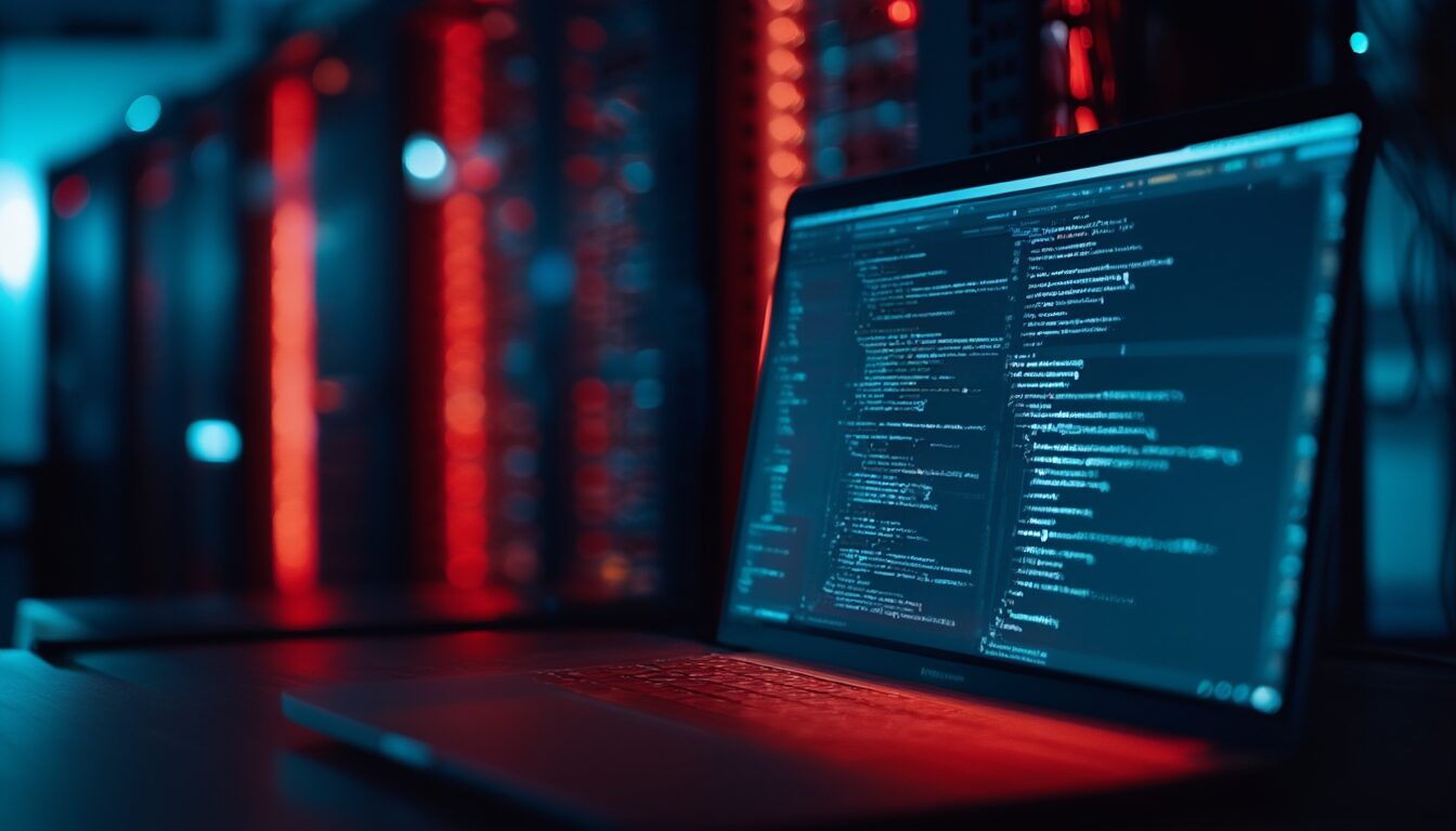 Dunkler Arbeitsplatz mit Laptop, auf dem Programmcode mit rotem Warnschimmer zu sehen ist, im Hintergrund ein unscharfer Serverschrank