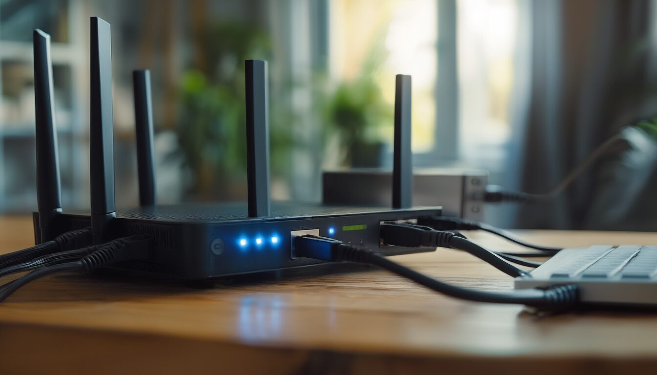 Heim-Router und kleine Netzwerk-Firewall mit angeschlossenen Netzwerkkabeln auf einem Schreibtisch