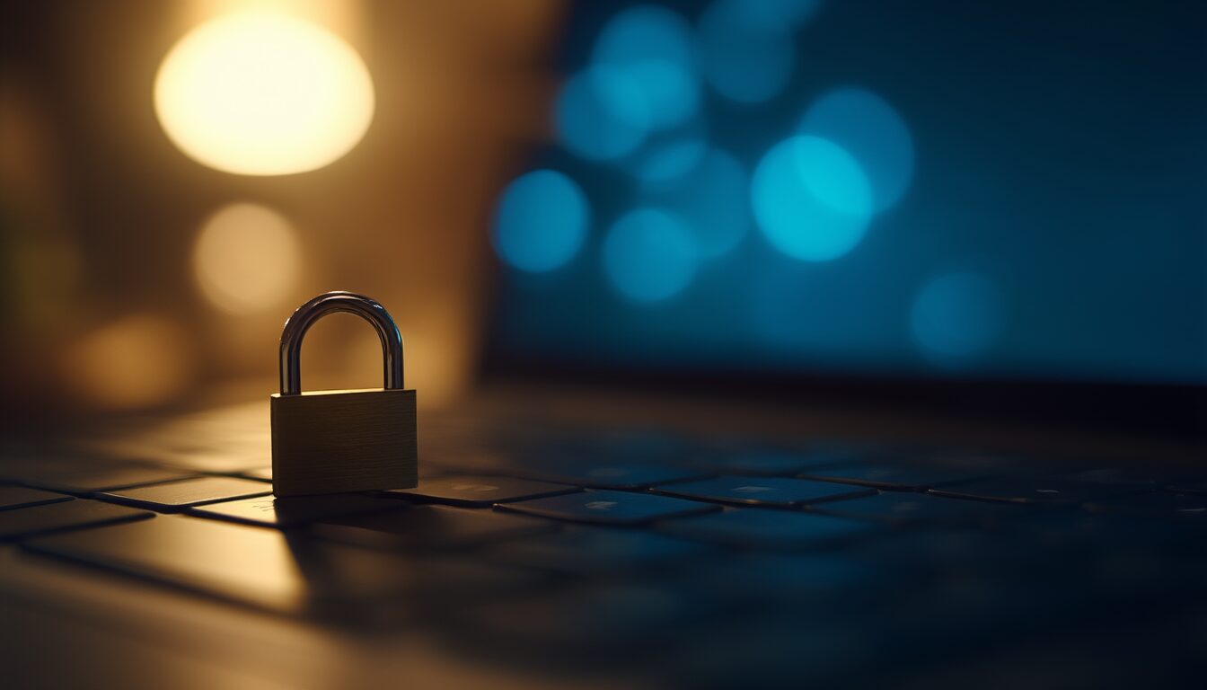 Kleines Vorhängeschloss auf einer Laptop-Tastatur als Sinnbild für die verschlüsselte HTTPS-Verbindung