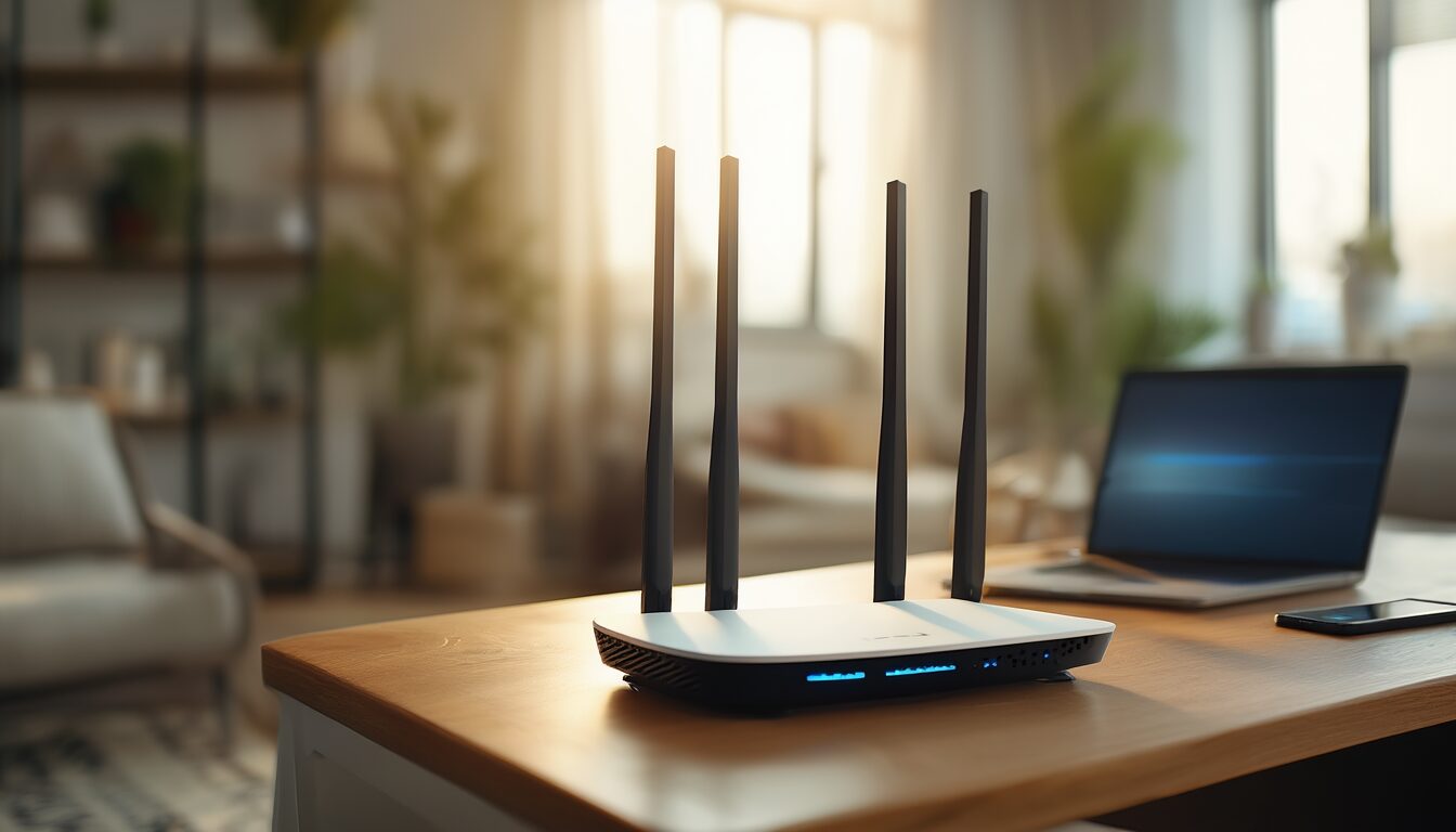 Moderner Tri-Band-WLAN-Router mit mehreren Antennen auf einem Schreibtisch, im Hintergrund Laptop und Smartphone
