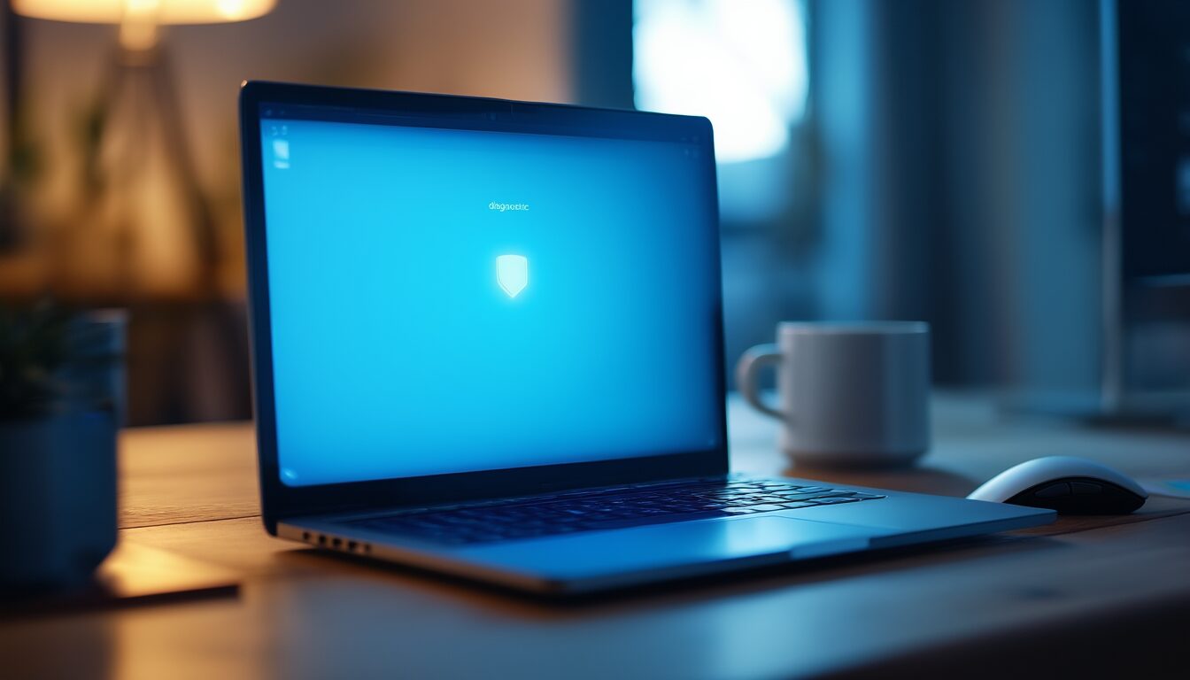 Laptop auf einem Schreibtisch mit blauem Startbildschirm während der Windows-Fehlerbehebung