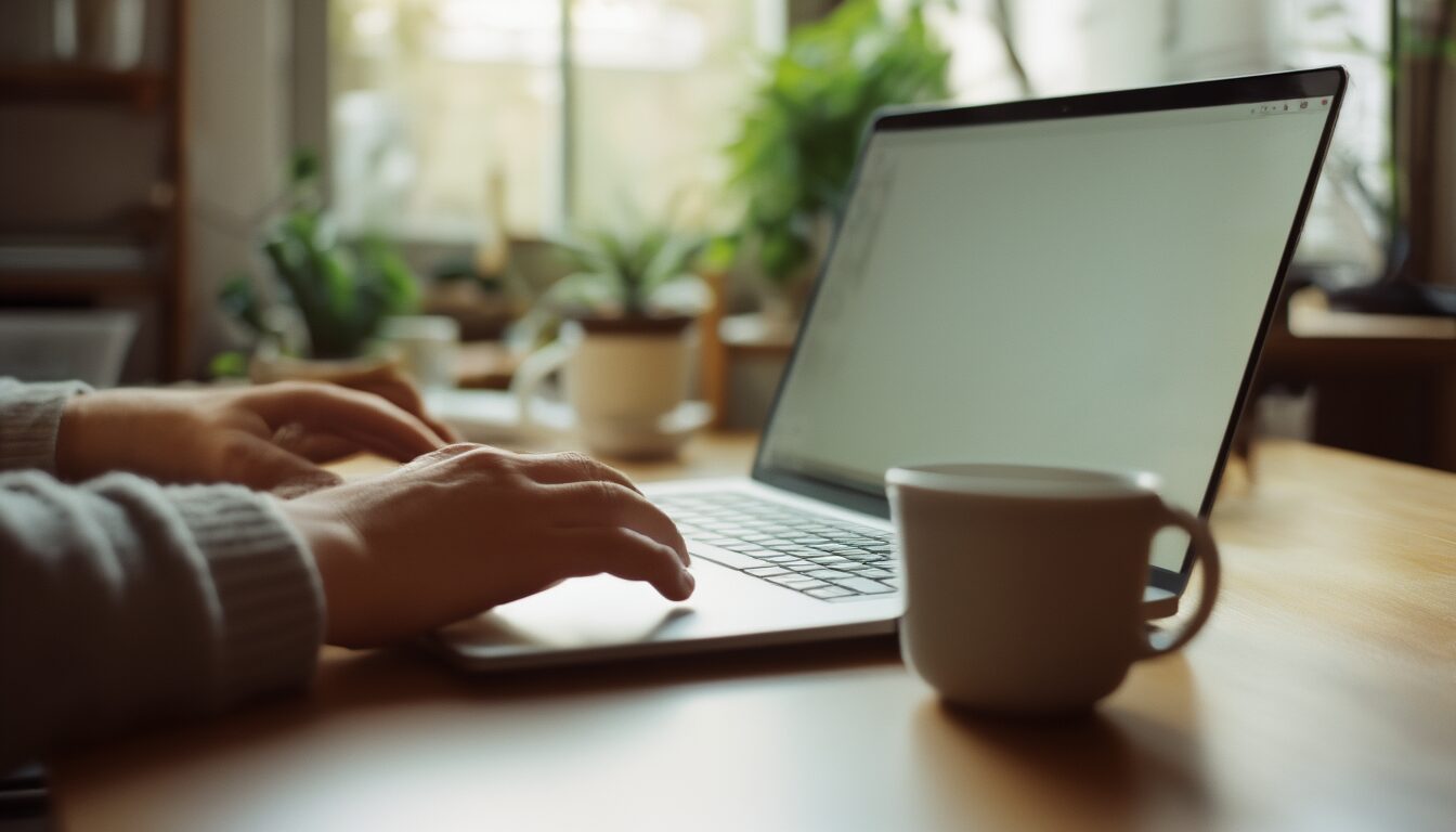 Person richtet einen Laptop mit Windows 11 an einem hellen Schreibtisch ein