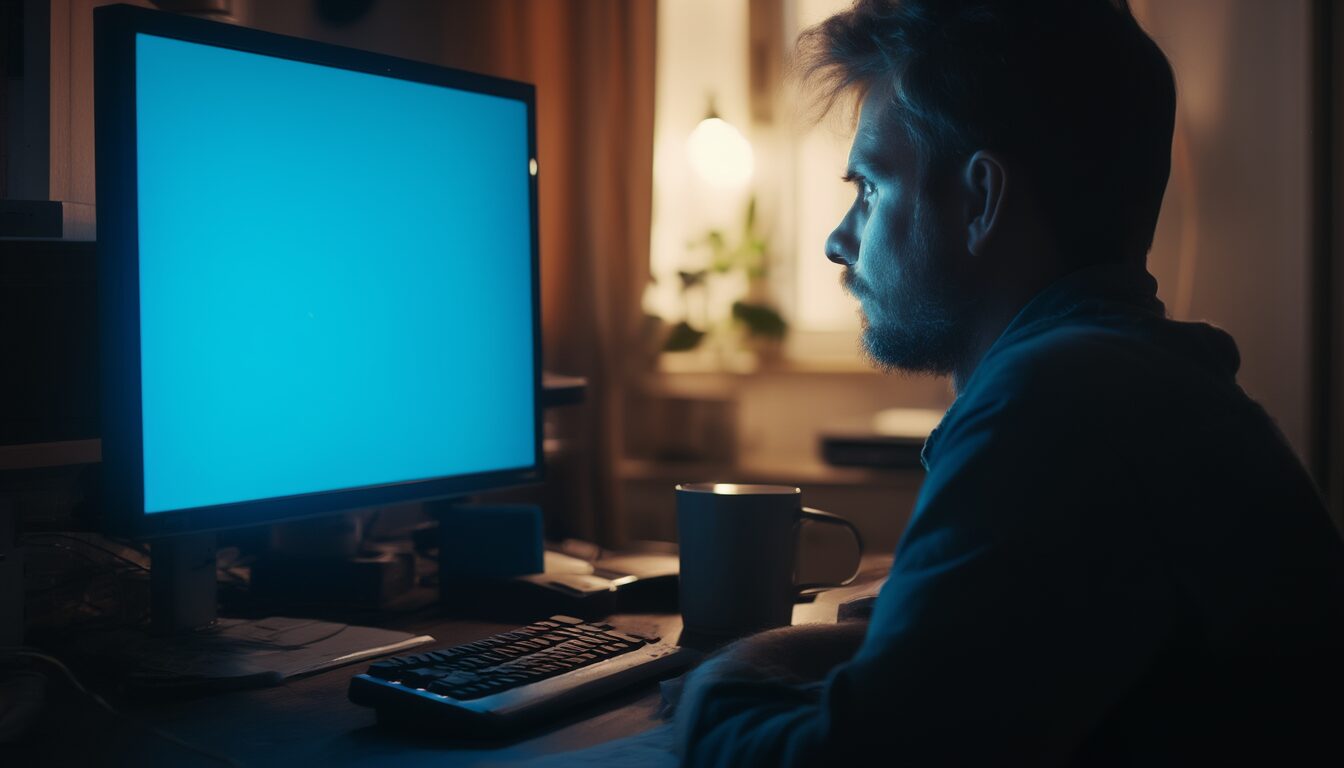 IT-Techniker analysiert am Desktop-PC Systemmeldungen im abgedunkelten Arbeitszimmer